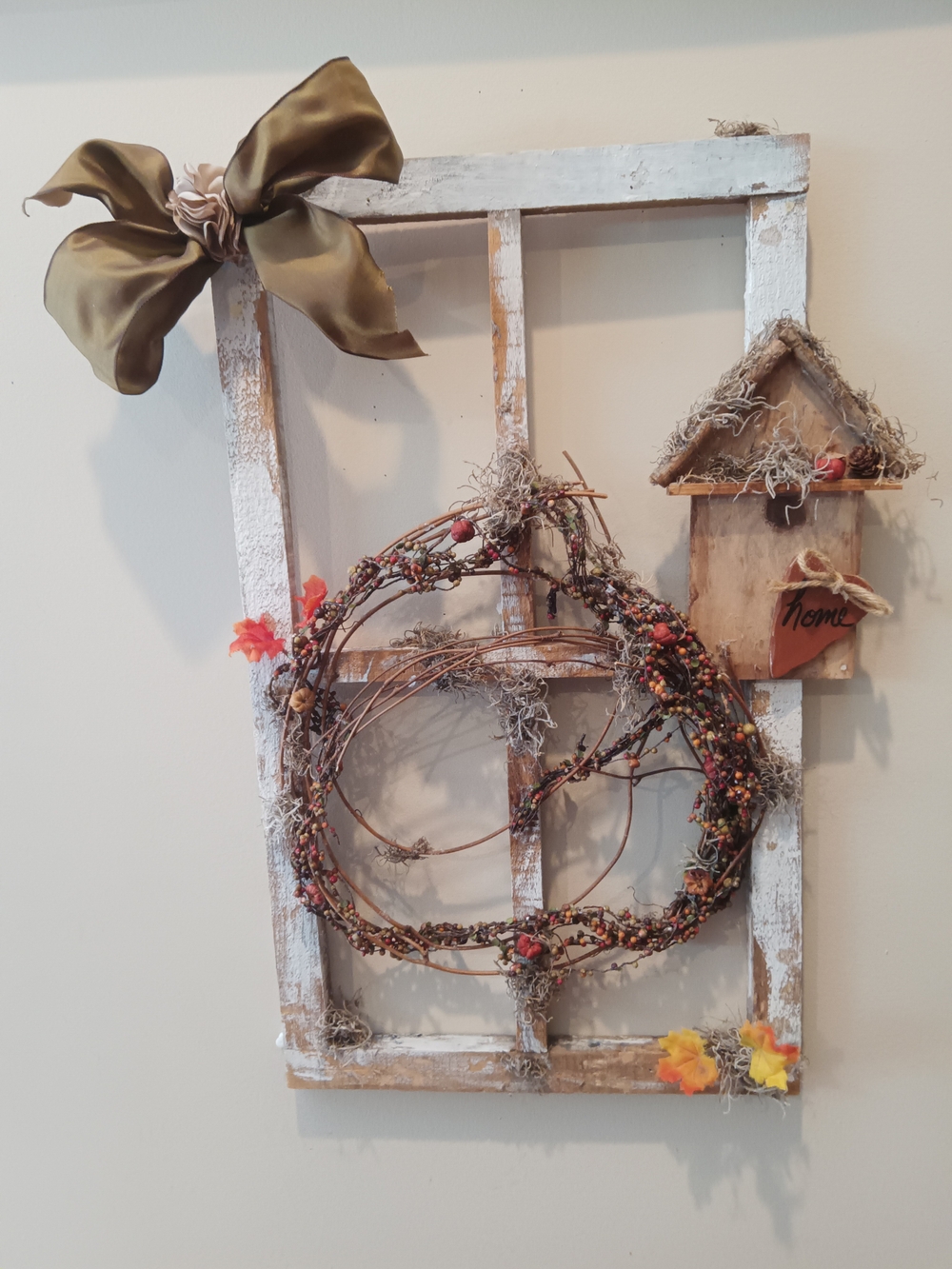 Rustic White Window Frame Wall Décor with Olive Bow and Autumn Wreath